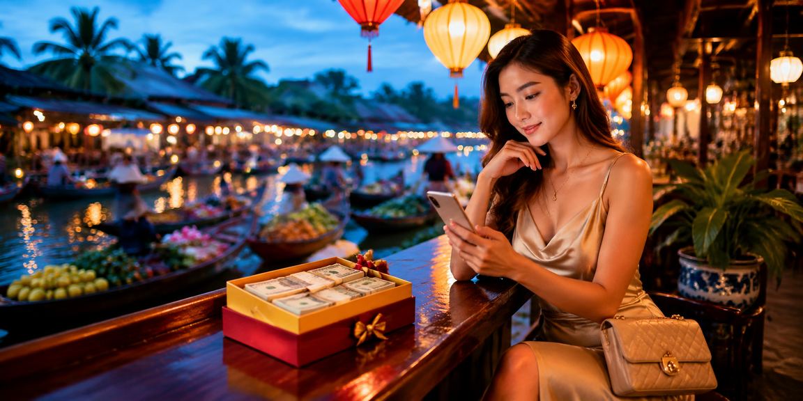 Người chơi trải nghiệm casino trên di động giữa khung cảnh đèn lồng Hội An lung linh về đêm